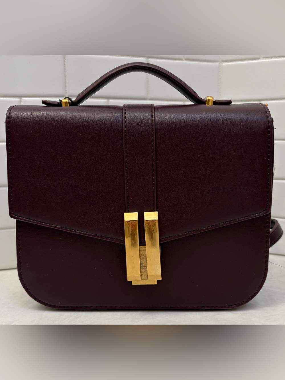 BCBG Structured Satchel Crossbody  Bag Black Cherry Burgundy Gold Hardware NWT